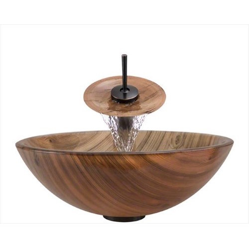 628 Wood Grain Glass Vessel Bathroom Sink, with Oil-Rubbed Bronze Vessel Faucet, Sink Ring, and Vessel Pop-up Drain
