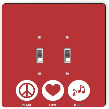 RK-LSPDBL-42383 Double Toggle Peace Love Music Red Color Design Light Switch Plate
