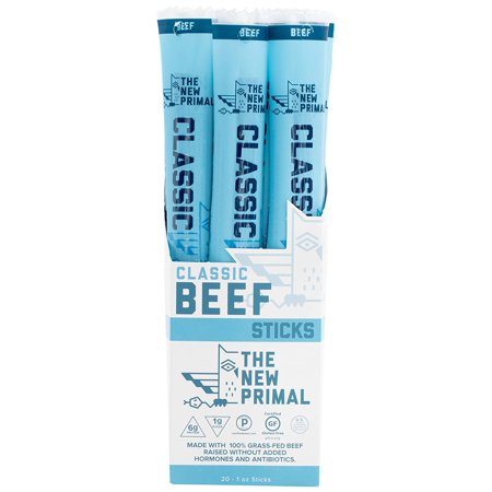 The New Primal 100% Grass-Fed Classic Beef Meat Stick, Whole30 & Paleo Approved, Gluten, Dairy & Soy Free, 1 Oz (Pack of 20)