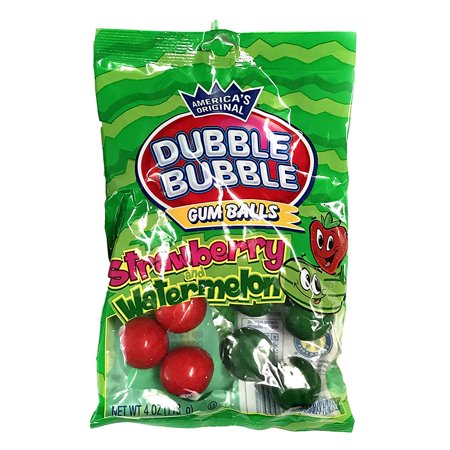 Dubble Bubble (1) Bag Strawberry and Watermelon Flavored Gum Balls Red & Striped Green Colors - Peanut & Gluten Free - 4 Oz