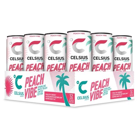 CELSIUS Sparkling Peach Vibe Fitness Drink, Zero Sugar, 12oz. Slim Can (Pack of 12)