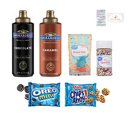 Ghirardelli Premium Chocolate Sauce, Ghirardelli Premium Caramel Sauce, Bundled W/ Great Value Mixed Nuts, Rainbow Sprinkles, 2 Bags of Chips Ahoy Coo