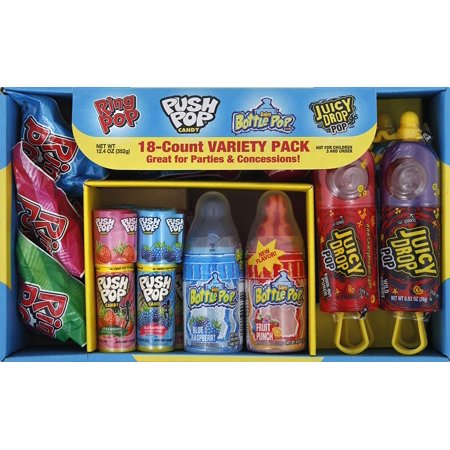 Bazooka Candy Brands, Lollipop Variety Pack W/ Assorted Flavors of Ring Pop, Push Pop, Baby Bottle Pop, and Juicy Drop Pop (18Count Box)-Easter Basket