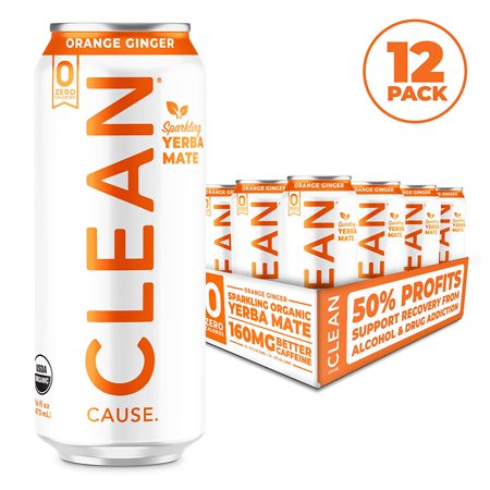 (12 Cans) CLEAN Cause Orange Ginger Organic Sparkling Yerba Mate Tea - Zero Calorie  Zero Sugar  Zero Guilt  (160mg Caffeine)  16 Fl Oz - 50% Profits 