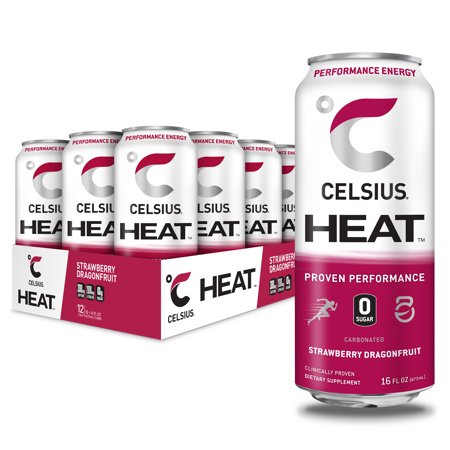 CELSIUS HEAT Strawberry Dragonfruit Performance Energy Drink, Zero Sugar, 16oz. Can, 12 Pack