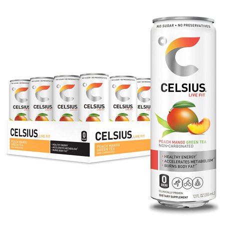 CELSIUS Peach Mango Green Tea Non-Carbonated Fitness Drink  Zero Sugar  12oz. Slim Can (Pack of 12)
