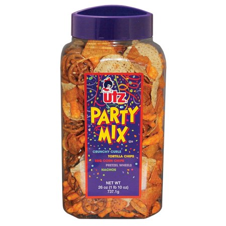 Utz Party Mix - 26 Ounce Barrel - Tasty Snack Mix Includes Corn Tortillas, Nacho Tortillas, Pretzels, BBQ Corn Chips and Cheese Curls, Easy and Quick 