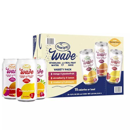 Ocean Spray Wave Caffeinated Sparkling Water with Real Fruit Juice, Variety Pack (12 Oz., 24 Pk.)