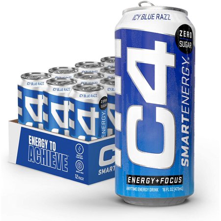C4 Smart Energy Sugar Free Energy Drink 16oz 12, (New) ICY Blue Razz, (Pack of 12), 16 Fl Oz