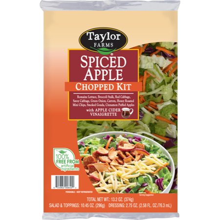 SPICED APPLE ROMAINE LETTUCE, BROCCOLI STALK, RED CABBAGE, SAVOY CABBAGE, GREEN ONION, CARROTS, HONEY ROASTED MINI CHIPS, SMOKED GOUDA, CINNAMON PUFFED APPLES WITH APPLE CIDER VINAIGRETTE CHOPPED KIT, SPICED APPLE