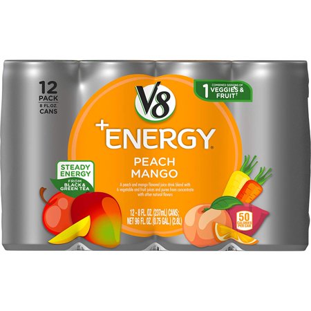 V8 +Energy  Healthy Energy Drink  Natural Energy from Tea  Peach Mango  8 Fl Oz Can  12 Count (Pack of 1)