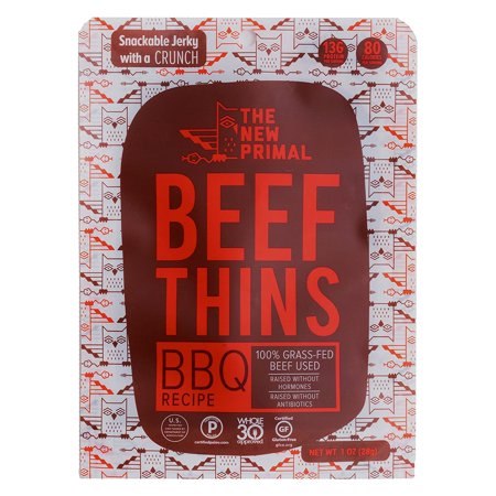 The New Primal 100% Grass-Fed BBQ Beef Thins, Whole30 and Paleo Approved, Gluten, Dairy and Soy Free, 1 Oz (Pack of 8)