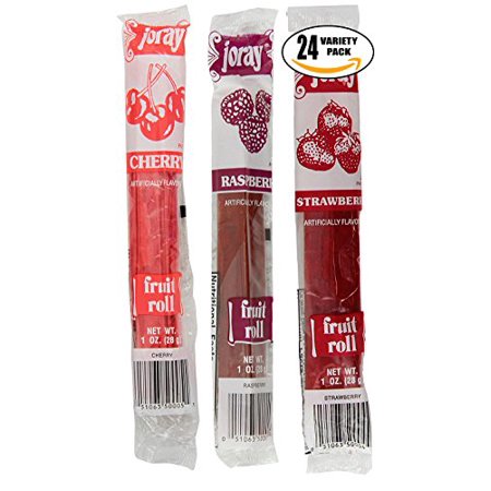 Fruit Roll Variety Pack! Cherry, Strawberry Raspberry, .75 Oz Fruit Leather (Total of 24 Fruit Leathers)