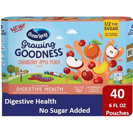 (40 Pouches) Ocean Spray GROWING GOODNESSâ„¢ Juice Beverage, Cranberry Apple Peach, Digestive Health, 6 Fl Oz