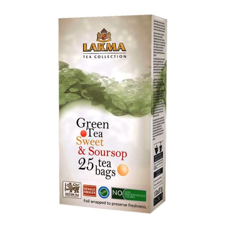 24 Pack of Lakma Fruity Tea Collection Sweet & Soursop Green Tea - 25 Tea Bags (GMO Free, Gluten Free, Dairy Free, Sugar Free and 100% Natural)