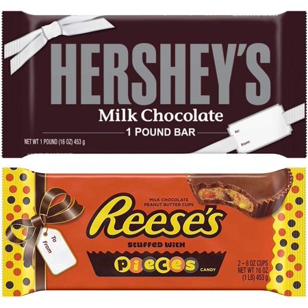 HERSHEY'S Milk Chocolate 1 Pound Bar and REESE'S Peanut Butter Cup Stuffed with REESE'S Pieces 1 Pound, Perfect for Valentines Chocolate Candy Gift