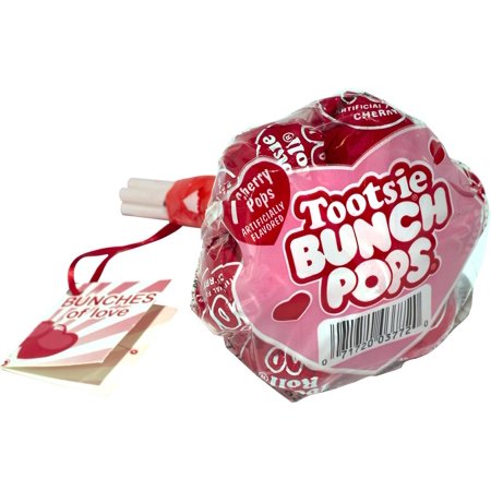 Tootsie Valentine Bunch Pops with Love Card, Bundles of 7 Red Cherry Lollipops - 24 Count Case