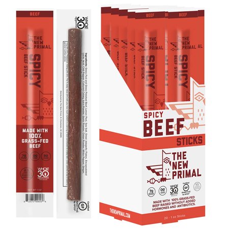 The New Primal 100% Grass-Fed Spicy Beef Meat Stick, Whole30 & Paleo Approved, Gluten, Dairy & Soy Free, 1 Oz (Pack of 20)