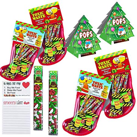 Sour Candy Stocking Stuffers  Candy Filled Christmas Stocking (Pack of 4)  Tootsie Roll Lollipop Christmas Tree (Pack of 2) Choco Rocks Holiday Tube (