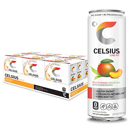 CELSIUS Peach Mango Green Tea Non-Carbonated Fitness Drink, Zero Sugar, 12oz. Slim Can 4-Packs, 24 Cans Total