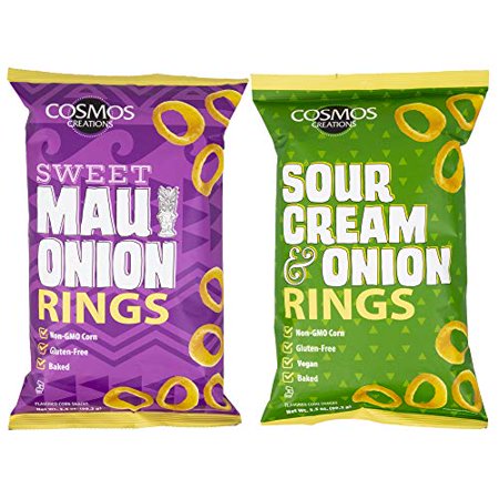 Cosmos Creations Premium Puffed Corn - Sweet Maui + Sour Cream and Onion Rings - Gluten Free Non-GMO 3.5 Oz Each Pack of 2