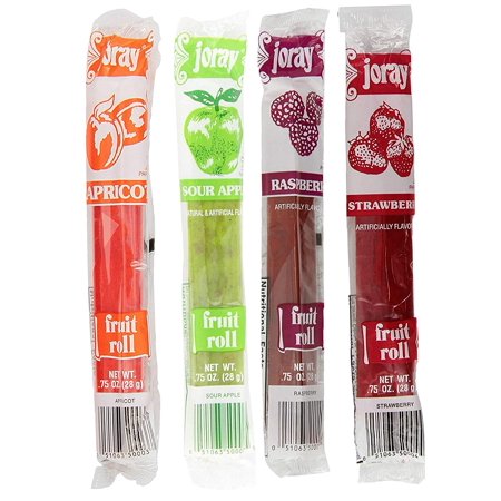 Joray Fruit Roll Variety Pack! Apricot, Strawberry, Raspberry, Sour Apple.75 Oz Fruit Leather (Total of 24 Fruit Leathers)