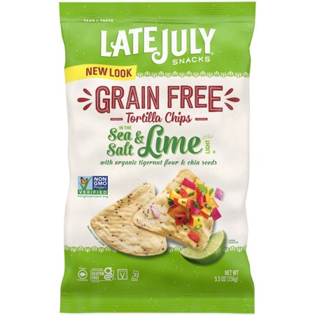 LATE JULY Snacks Grain Free Tortilla Chips, Sea Salt & Lime Chips, 5.5 Oz. Bag Pack of 4