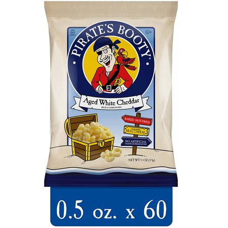 Pirates Booty Cheese Puffs, Healthy Kids Snacks, Aged White Cheddar Baked Rice and Corn Puffs, 0.5oz (Pack of 60)