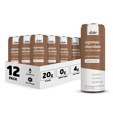 Slate Milk - High Protein Shake  Mocha Latte  20g Protein  0g Added Sugar  175mg Caffeine  Lactose Free  Keto  All Natural (11 Oz  12-Pack)