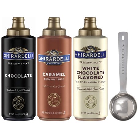 - 16 Oz Chocolate, 16 Oz White Chocolate Flavored, 17 Oz Caramel Sauce Squeeze Bottle - Set of 3 - with Limited Edition Measuring Spoon