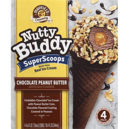 Mayfield Ice Cream Cones Nutty Buddy SuperScoops Chocolate Peanut Butter 4.6 Fluid Ounce 4 Pack