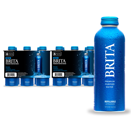 Brita Water Premium Purified Bottled Water  18 Fl Oz (12 Pack)  BPA Free Refillable Aluminum Water Bottles  Superior Filtered Water  Infinitely Recycl