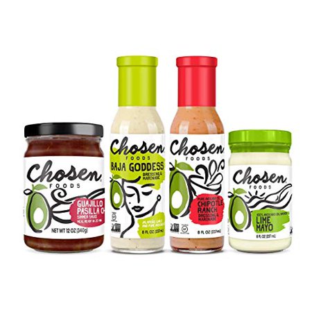 Chosen Foods Baja Med Bundle  4 Pack  Guajillo Pasilla Chili Simmer Sauce 12 Oz, Baja Goddess Dressing 8 Oz, Chipotle Ranch Dressing 8 Oz, Lime Mayo 8