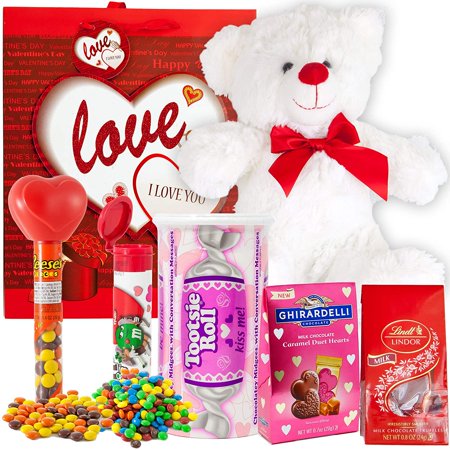 Valentines Day Gift Basket Set  Teddy Bear Plush, Lindt Lindor Milk Truffles, Hershey Reeses Pieces, Ghirardelli Caramel Chocolate, Tootsie Roll Candy