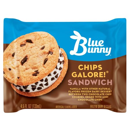 Blue Bunny Chips Galore Vanilla and Chocolate Chip Cookie Ice Cream Sandwich, 4.5 Fluid Ounce -- 24 per Case.