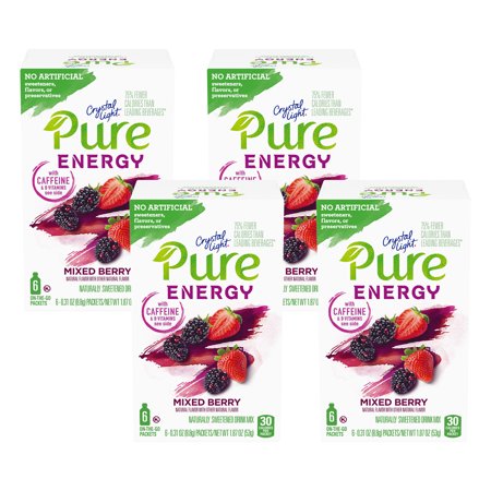 (4 Pack) Crystal Light Pure Energy  Mixed Berry on-the-Go Powdered Drink Mix  0.31 Oz  6 Count Packets