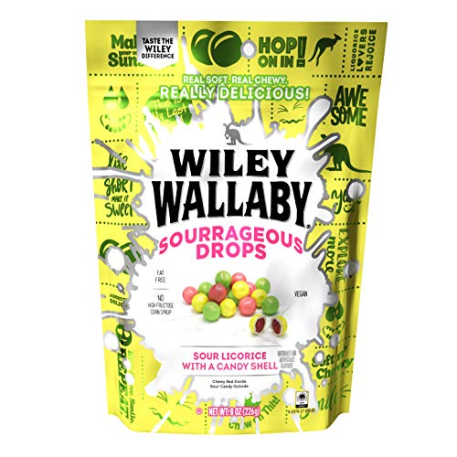 Wiley Wallaby Sourrageous Drops  Sour Licorice Candy  8 Oz. Bag  Contains Wheat & Soy