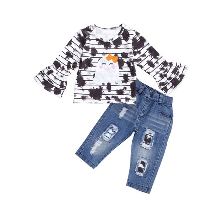 LA HIEBLA Baby Girl Halloween Outfit Clothes Set Long Sleeves Tie Dye T-Shirt Tops Ripped Jeans Denim Pants