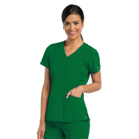 Barco One 5105 Racer 4-Pocket Womens V Neck Short Sleeve Tag Free Stretch Fabric Moisture Wicking Scrub Top, Small, Green