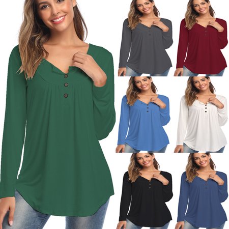 Women's New Style V-neck Button Long-sleeved Solid Color Loose T-shirt OLRIK 5588