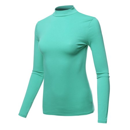 A2Y Women's Basic Solid Soft Cotton Long Sleeve Mock Neck Top Shirts Junior Fit Ash Mint M