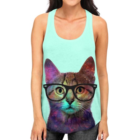 Junior S Galaxy Nerd Cat B660 Mint Green Racerback Tank Top Medium