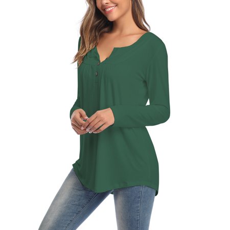 Women S New Style V-neck Button Long-sleeved Solid Color Loose T-shirt OLRIK 5588