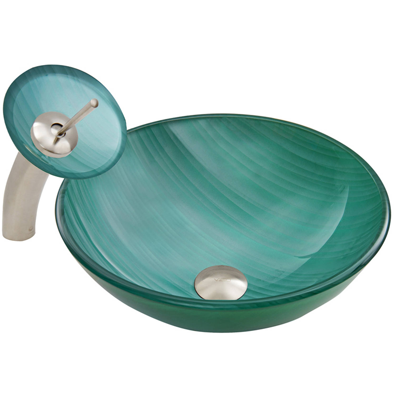 VIGO Whispering Wind Glass Vessel Bathroom Sink and Waterfall Faucet with Pop up, Brushed Nickel