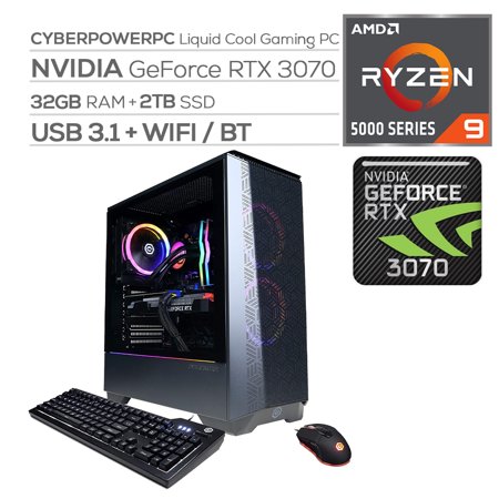CYBERPOWERPC Liquid Cool Gaming Desktop PC AMD Ryzen 9 5900X Geforce RTX 3070 8GB 32GB DDR4 RAM 2TB NVMe SSD WiFi Rj-45 Ethernet Win 10 W/keyboard and