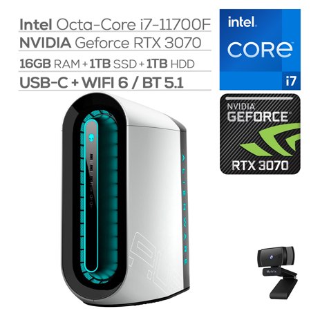 Alienware Aurora R12 Gaming Desktop Lunar Light, Intel 11th Gen 8-Core I7-11700F, GeForce RTX 3070 8GB, 16GB RAM, 1TB PCIe SSD+1TB HDD, USB-C, RJ-45, 