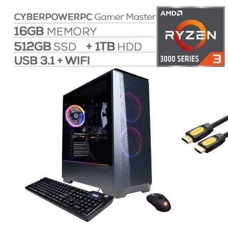 CyberPowerPC Gamer Master Gaming Desktop, AMD Ryzen 3 3100, AMD Radeon RX 570, 16GB DDR4 RAM, 512GB PCIe SSD+1TB HDD, HDMI/DP/DVI/VGA, RJ-45, Wi-Fi, R