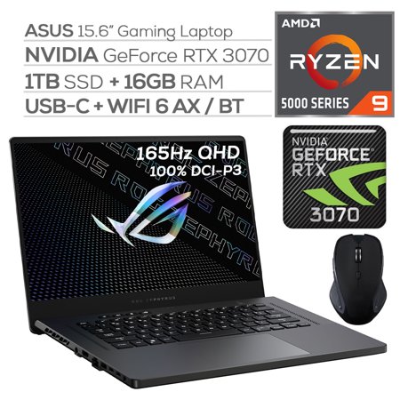 ASUS ROG Zephyrus Gaming Laptop 165Hz 3ms WQHD 15.6  Display AMD Ryzen 9  GeForce RTX 3070 8GB GDDR6  16GB RAM  1TB SSD  USB-C  Backlit KB  WiFi 6  RJ