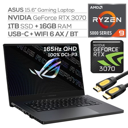ASUS ROG Zephyrus Gaming Laptop  165Hz WQHD 15.6  Display  AMD Ryzen 9 5900HS  GeForce RTX 3070 8GB  16GB RAM  1TB PCIe SSD  USB-C  HDMI  RJ45  WiFi 6
