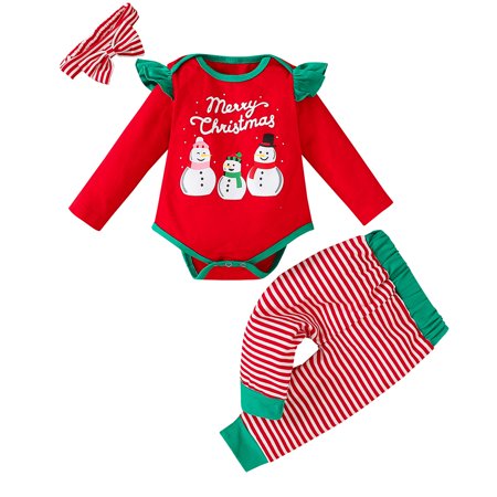 LA HIEBLA 3PCS Baby Girls Christmas Outfit Set Snowman Print Romper+Striped Pants+Headband